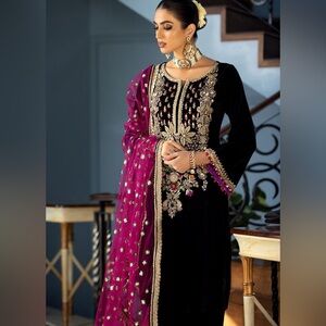 Elegant Black and Pink Embroidered Pakistani velvet formal dress